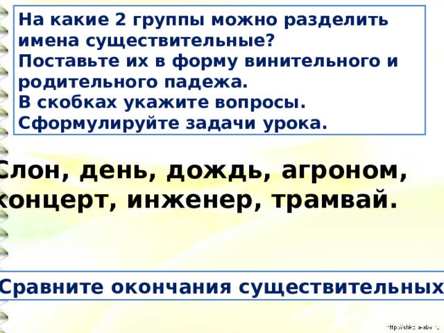 На какие 2 группы можно разделить имена существительные? Поставьте их в форму винительного и родительного падежа. В скобках укажите вопросы. Сформулируйте задачи урока. Слон, день, дождь, агроном, концерт, инженер, трамвай. Сравните окончания существительных. 