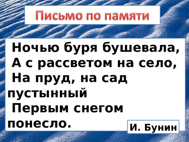  Ночью буря бушевала,  А с рассветом на село,  На пруд, на сад пустынный  Первым снегом понесло. И. Бунин 