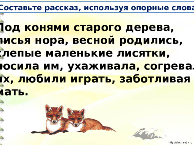 Составьте рассказ, используя опорные слова. Под конями старого дерева, лисья нора, весной родились, слепые маленькие лисятки, носила им, ухаживала, согревала их, любили играть, заботливая мать. 