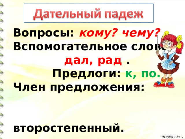 Вопросы: кому? чему? Вспомогательное слово:  дал, рад .            Предлоги: к, по. Член предложения:  второстепенный. 