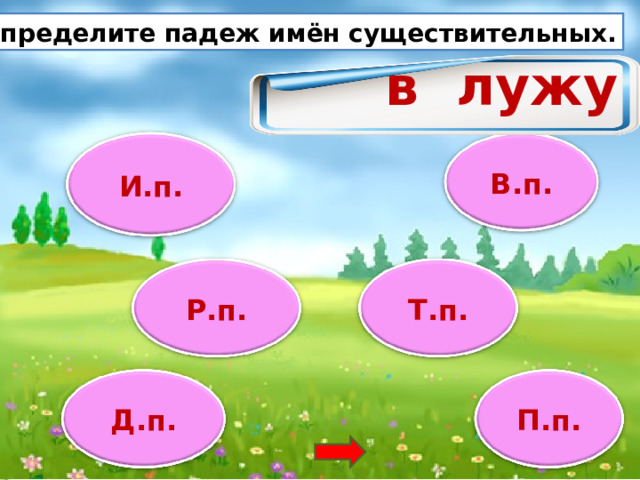 Определите падеж имён существительных. в лужу В.п. И.п. Т.п. Р.п. Д.п. П.п. 