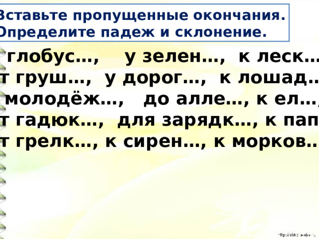 Вставьте пропущенные окончания. Определите падеж и склонение. В глобус…, у зелен…, к леск… , от груш…, у дорог…, к лошад…, у молодёж…, до алле…, к ел…, от гадюк…, для зарядк…, к пап…, от грелк…, к сирен…, к морков… . 