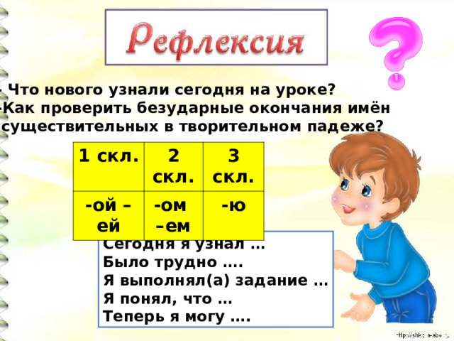 - Что нового узнали сегодня на уроке? -Как проверить безударные окончания имён  существительных в творительном падеже? 1 скл. 2 скл. -ой – ей 3 скл. -ом – ем -ю Сегодня я узнал … Было трудно …. Я выполнял(а) задание … Я понял, что … Теперь я могу …. 