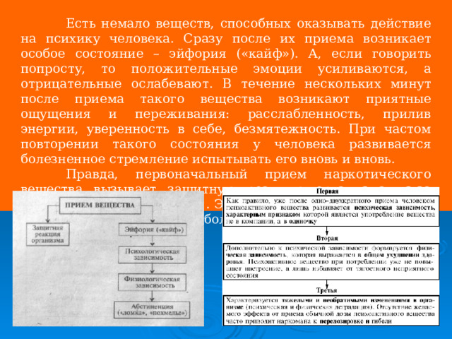  Есть немало веществ, способных оказывать действие на психику человека. Сразу после их приема возникает особое состояние – эйфория («кайф»). А, если говорить попросту, то положительные эмоции усиливаются, а отрицательные ослабевают. В течение нескольких минут после приема такого вещества возникают приятные ощущения и переживания: расслабленность, прилив энергии, уверенность в себе, безмятежность. При частом повторении такого состояния у человека развивается болезненное стремление испытывать его вновь и вновь.  Правда, первоначальный прием наркотического вещества вызывает защитную реакцию организма из-за токсического его действия . Это может быть тошнота, рвота, головокружение, головная боль и т.п. 