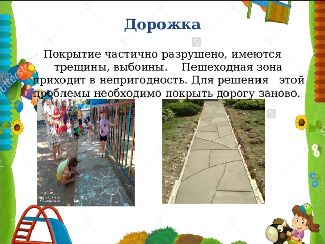 Дорожка Покрытие частично разрушено, имеются трещины, выбоины. Пешеходная зона приходит в непригодность. Для решения этой проблемы необходимо покрыть дорогу заново. 