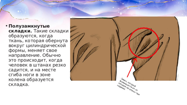Полузамкнутые складки.  Такие складки образуются, когда ткань, которая обернута вокруг цилиндрической формы, меняет свое направление. Обычно это происходит, когда человек в штанах резко садится, и на месте сгиба ноги в зоне колена образуется складка. 