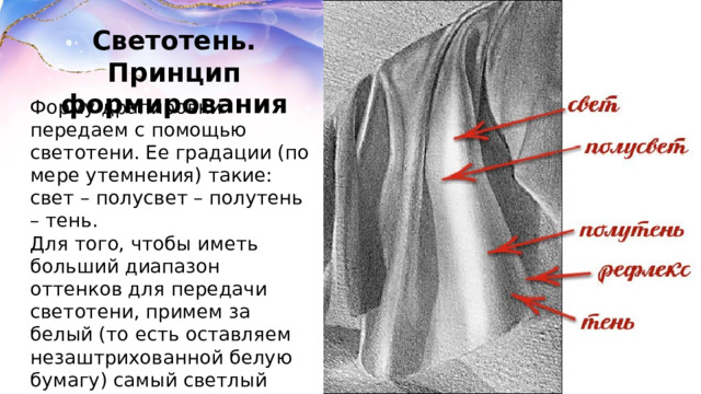 Светотень. Принцип формирования Форму драпировки передаем с помощью светотени. Ее градации (по мере утемнения) такие: свет – полусвет – полутень – тень. Для того, чтобы иметь больший диапазон оттенков для передачи светотени, примем за белый (то есть оставляем незаштрихованной белую бумагу) самый светлый участок драпировки на складке, расположенной на переднем плане. 