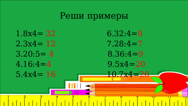 Реши примеры 1.8х4= 32 6.32:4= 8 2.3х4= 12 7.28:4= 7 3.20:5= 4 8.36:4= 9 4.16:4= 4 9.5х4= 20 5.4х4= 16 10.7х4= 28 