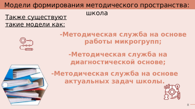 Модели формирования методического пространства: школа Также существуют такие модели как: -Методическая служба на основе работы микрогрупп; -Методическая служба на диагностической основе; -Методическая служба на основе актуальных задач школы. 