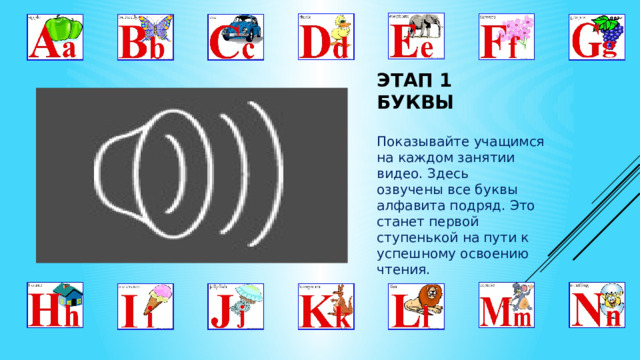 Этап 1  Буквы Показывайте учащимся на каждом занятии видео. Здесь озвучены все буквы алфавита подряд. Это станет первой ступенькой на пути к успешному освоению чтения. 
