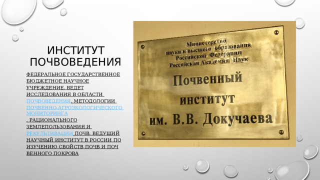 Институт почвоведения федеральное государственное бюджетное научное учреждение. Ведет исследования в области  почвоведения , методологии  почвенно-агроэкологического мониторинга , рационального землепользования и  рекультивации  почв. Ве­ду­щий научный институт в России по изу­че­нию свойств почв и поч­вен­но­го по­кро­ва 