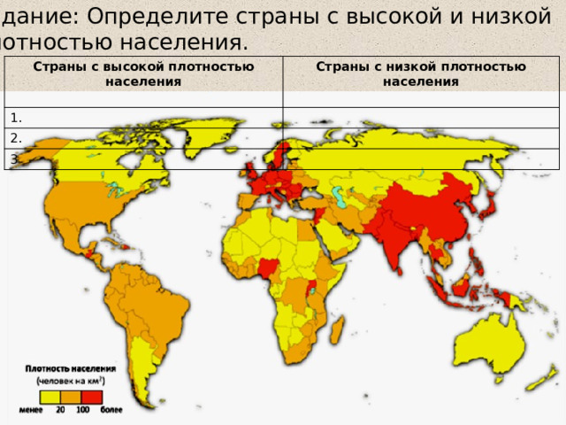 Задание: Определите страны с высокой и низкой плотностью населения. Страны с высокой плотностью населения Страны с низкой плотностью населения 1.  2. 3 