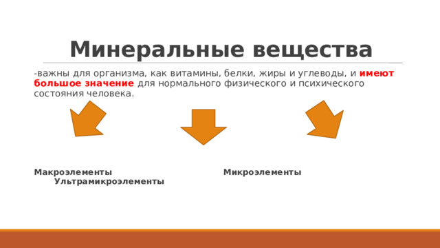 Минеральные вещества -важны для организма, как витамины, белки, жиры и углеводы, и имеют большое значение для нормального физического и психического состояния человека.     Макроэлементы Микроэлементы Ультрамикроэлементы 