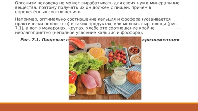Организм человека не может вырабатывать для своих нужд минеральные вещества, поэтому получать их он должен с пищей, причём в определённых соотношениях. Например, оптимально соотношение кальция и фосфора (усваивается практически полностью) в таких продуктах, как молоко, сыр, овощи (рис. 7.1), а вот в макаронах, крупах, хлебе это соотношение крайне неблагоприятно (неполное усвоение кальция и фосфора). Рис. 7.1. Пищевые продукты, богатые макро- и микроэлементами 