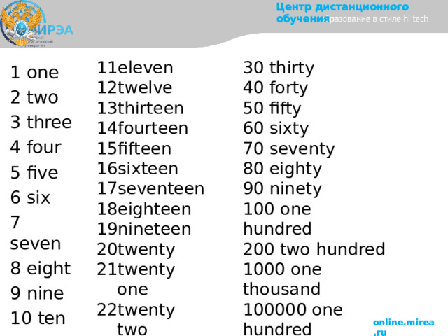 Центр  дистанционного  обучения 30  thirty eleven twelve thirteen fourteen fifteen sixteen seventeen eighteen nineteen twenty twenty  one twenty  two twenty  three 40  forty 50  fifty 60  sixty 70  seventy 80  eighty 90  ninety 100  one  hundred 200  two  hundred 1000  one  thousand 100000  one  hundred  thousand 1000000  one  million 1  one 2  two 3  three 4 four 5  five 6  six 7  seven 8  eight 9  nine 10 ten online.mirea.ru 