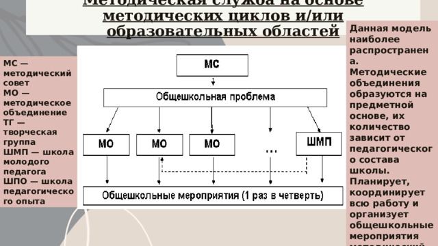 Методическая служба на основе методических циклов и/или образовательных областей Данная модель наиболее распространена. Методические объединения образуются на предметной основе, их количество зависит от педагогического состава школы. Планирует, координирует всю работу и организует общешкольные мероприятия методический совет. МС — методический совет  МО — методическое объединение  ТГ — творческая группа  ШМП — школа молодого педагога  ШПО — школа педагогического опыта 1 