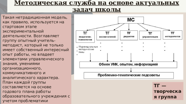 Методическая служба на основе актуальных задач школы Такая нетрадиционная модель, как правило, используется на стартовом этапе экспериментальной деятельности. Возглавляет группу опытный учитель-методист, который не только имеет собственный интересный опыт работы, но владеет элементами управленческого знания, умениями организационного, коммуникативного и аналитического характера. План каждой группы составляется на основе годового плана работы образовательного учреждения с учетом проблематики тематических педагогических советов, в подготовке которых группа может принять активное участие. ТГ — творческая группа 