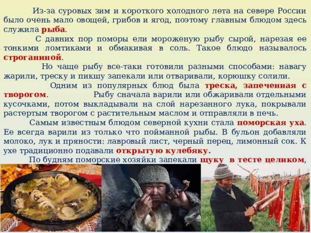  Из-за суровых зим и короткого холодного лета на севере России было очень мало овощей, грибов и ягод, поэтому главным блюдом здесь служила рыба .  С давних пор поморы ﻿ ели мороженую рыбу сырой, нарезая ее тонкими ломтиками и обмакивая в соль. Такое блюдо называлось строганиной .  Но чаще рыбу все-таки готовили разными способами: навагу жарили, треску и пикшу запекали или отваривали, корюшку солили.  Одним из популярных блюд была треска, запеченная с творогом . Рыбу сначала варили или обжаривали отдельными кусочками, потом выкладывали на слой нарезанного лука, покрывали растертым творогом с растительным маслом и отправляли в печь.  Самым известным блюдом северной кухни стала поморская уха . Ее всегда варили из только что пойманной рыбы. В бульон добавляли молоко, лук и пряности: лавровый лист, черный перец, лимонный сок. К ухе традиционно подавали открытую кулебяку.  По будням поморские хозяйки запекали щуку в тесте целиком , а по праздникам ставили на стол «красные рыбники» — пироги с семгой, кетой или горбушей. 