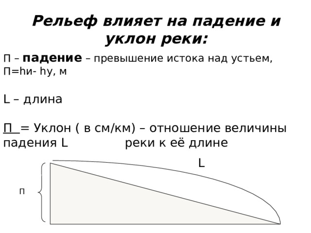 Рельеф влияет на падение и уклон реки: П – падение – превышение истока над устьем, П=hи- hу, м L – длина П = Уклон ( в см/км) – отношение величины падения L реки к её длине L П 