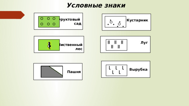 Условные знаки  .  .  .  . Фруктовый сад Кустарник   .  . Луг   Лиственный  лес  Вырубка  Пашня 21 