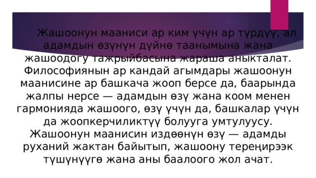  Жашоонун мааниси ар ким үчүн ар түрдүү, ал адамдын өзүнүн дүйнө таанымына жана жашоодогу тажрыйбасына жараша аныкталат. Философиянын ар кандай агымдары жашоонун маанисине ар башкача жооп берсе да, баарында жалпы нерсе — адамдын өзү жана коом менен гармонияда жашоого, өзү үчүн да, башкалар үчүн да жоопкерчиликтүү болууга умтулуусу. Жашоонун маанисин издөөнүн өзү — адамды руханий жактан байытып, жашоону тереңирээк түшүнүүгө жана аны баалоого жол ачат. 