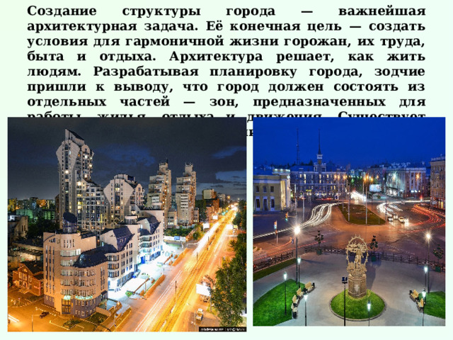 Создание структуры города — важнейшая архитектурная задача. Её конечная цель — создать условия для гармоничной жизни горожан, их труда, быта и отдыха. Архитектура решает, как жить людям. Разрабатывая планировку города, зодчие пришли к выводу, что город должен состоять из отдельных частей — зон, предназначенных для работы, жилья, отдыха и движения. Существует множество вариантов деления и соединения этих зон.  