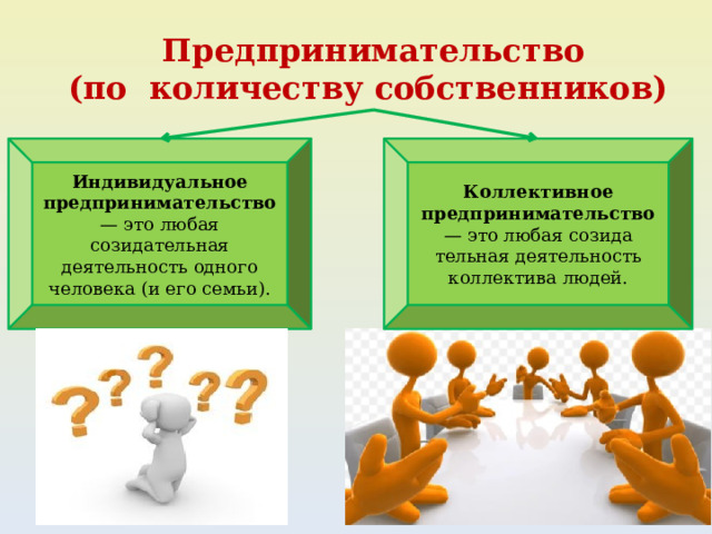 Предпринимательство (по количеству собственников) Индивидуальное предпринимательство — это любая созидательная деятельность одного человека (и его семьи). Коллективное предпринимательство — это любая созида­тельная деятельность коллектива людей. 