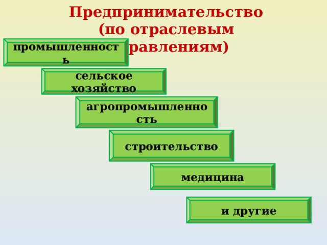 Предпринимательство (по отраслевым направлениям) промышленность сельское хозяйство агропромышленность строительство медицина и другие 