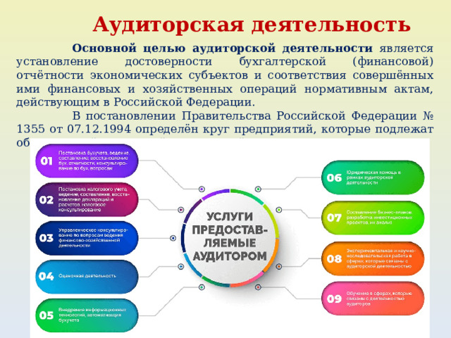 Аудиторская деятельность  Основной целью аудиторской деятельности является установление достоверности бухгалтерской (финансовой) отчётности экономических субъектов и соответствия совершённых ими финансовых и хозяйственных операций нормативным актам, действующим в Российской Федерации.  В постановлении Правительства Российской Федерации № 1355 от 07.12.1994 определён круг предприятий, которые подлежат обязательной ежегодной аудиторской проверке. 