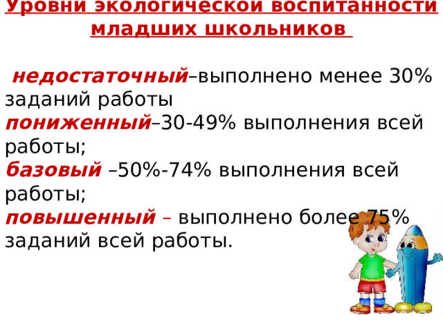 Уровни экологической воспитанности младших школьников   недостаточный –выполнено менее 30% заданий работы пониженный –30-49% выполнения всей работы; базовый  –50%-74% выполнения всей работы;  повышенный  – выполнено более 75% заданий всей работы. 