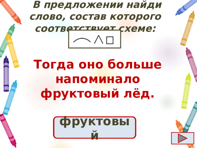  B предложении найди слово, состав которого соответствует схеме: Тогда оно больше напоминало фруктовый лёд. Ответ фруктовый 