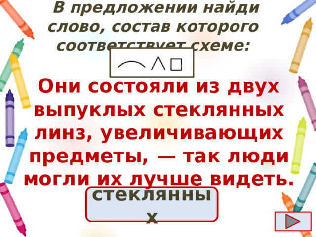  B предложении найди слово, состав которого соответствует схеме: Они состояли из двух выпуклых стеклянных линз, увеличивающих предметы,  — так люди могли их лучше видеть. Ответ стеклянных 