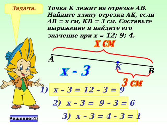 Задача. Точка К лежит на отрезке АВ. Найдите длину отрезка АК, если АВ = х см, КВ = 3 см. Составьте выражение и найдите его значение при х = 12; 9; 4. А К В № 311, Виленкин Н.Я. Математика-5, 2006 год выпуска 1) х – 3 = 12 – 3 = 9   2) х – 3 =  9 – 3 = 6 3) х – 3 = 4 - 3 = 1  Решение(4)  
