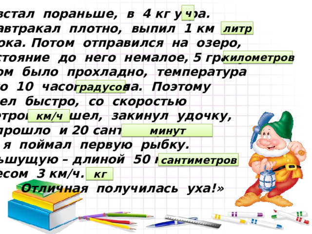«Я встал пораньше, в 4 кг утра. Позавтракал плотно, выпил 1 км молока. Потом отправился на озеро, Расстояние до него немалое, 5 градусов. Утром было прохладно, температура всего 10 часов тепла. Поэтому я шел быстро, со скоростью 6 метров. Пришел, закинул удочку, не прошло и 20 сантиметров, как я поймал первую рыбку. Большущую – длиной 50 минут и весом 3 км/ч.  Отличная получилась уха!» ч литр километров градусов км/ч минут сантиметров кг 