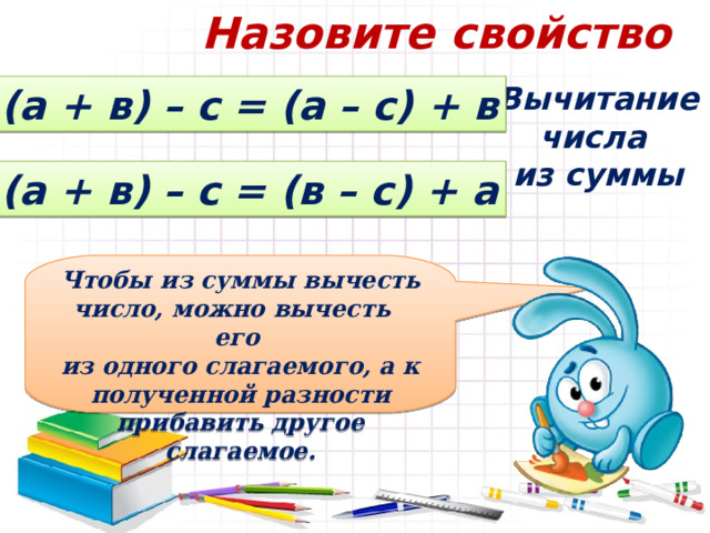 Назовите свойство Вычитание числа из суммы (а + в) – с = (а – с) + в (а + в) – с = (в – с) + а Чтобы из суммы вычесть число, можно вычесть его из одного слагаемого, а к полученной разности прибавить другое слагаемое. 