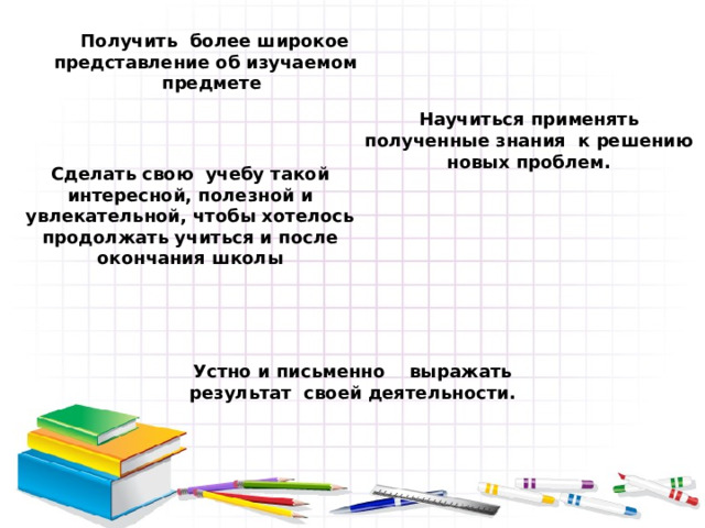  Получить более широкое представление об изучаемом предмете Научиться применять полученные знания к решению новых проблем. Сделать свою учебу такой интересной, полезной и увлекательной, чтобы хотелось продолжать учиться и после окончания школы  Устно и письменно выражать результат своей деятельности. 