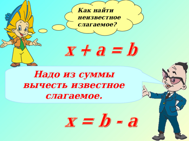 Как найти неизвестное слагаемое?  Надо из суммы вычесть известное слагаемое. 8 