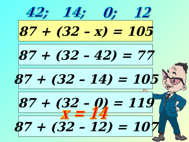 87 + (32 – х) = 105 87 + (32 – 42) = 77 87 + (32 – 14) = 105 87 + (32 – 0) = 119 87 + (32 – 12) = 107  