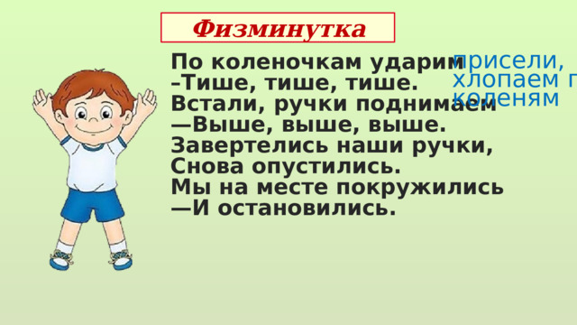 Физминутка По коленочкам ударим – Тише, тише, тише. Встали, ручки поднимаем — Выше, выше, выше. Завертелись наши ручки, Снова опустились. Мы на месте покружились — И остановились. присели, хлопаем по коленям 