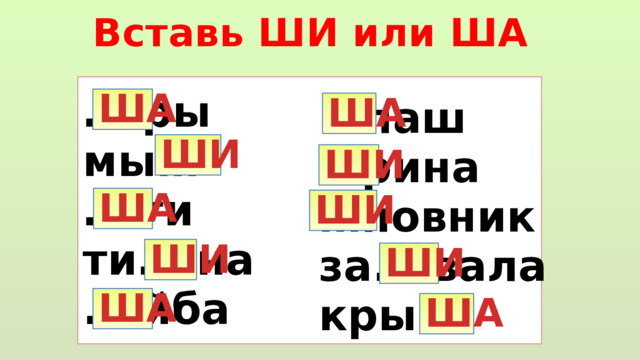 Вставь ШИ или ША … .ры мы… … .ги ти….на .…йба … лаш ША … рина … повник за.…вала кры… ША ШИ ШИ ША ШИ ШИ ШИ ША ША 