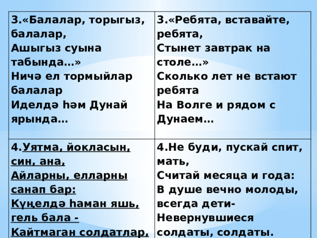 3.«Балалар, торыгыз, балалар, 3.«Ребята, вставайте, Ашыгыз суына табында…» 4. Уятма, йокласын, син, ана, ребята, 4.Не буди, пускай спит, мать, Айларны, елларны санап бар: Нич ә ел тормыйлар балалар Считай месяца и года: К үң елд ә  һ аман яшь, гель бала - Иделд ә  һә м Дунай ярында… Стынет завтрак на столе…» Кайтмаган солдатлар, солдатлар В душе вечно молоды, всегда дети- Сколько лет не встают ребята   Невернувшиеся солдаты, солдаты.   На Волге и рядом с Дунаем…     