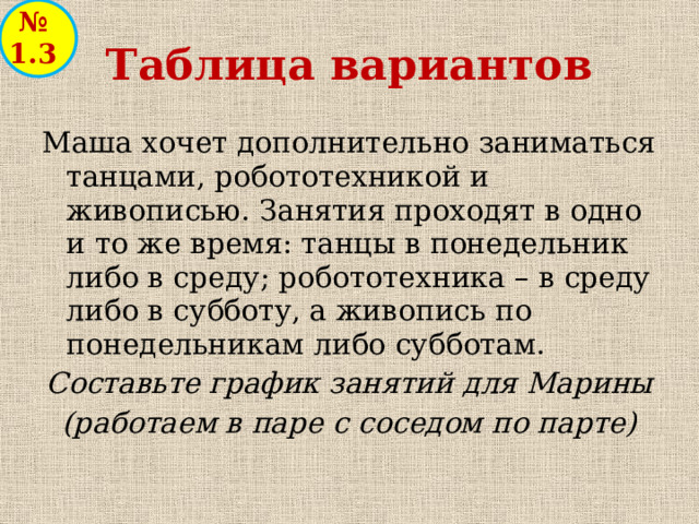 № 1.3 Таблица вариантов Маша хочет дополнительно заниматься танцами, робототехникой и живописью. Занятия проходят в одно и то же время: танцы в понедельник либо в среду; робототехника – в среду либо в субботу, а живопись по понедельникам либо субботам. Составьте график занятий для Марины (работаем в паре с соседом по парте)  