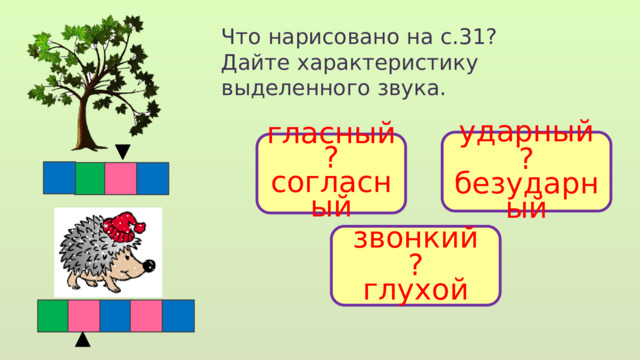 Что нарисовано на с.31? Дайте характеристику выделенного звука. ударный ? безударный гласный ? согласный звонкий ? глухой  