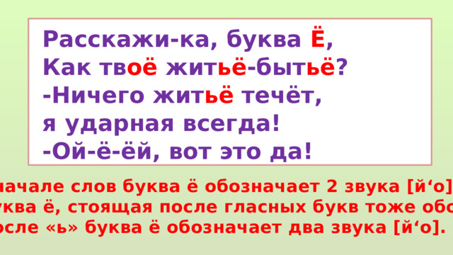 Расскажи-ка, буква Ё , Как тв оё жит ьё -быт ьё ? -Ничего жит ьё течёт, я ударная всегда! -Ой-ё-ёй, вот это да! 1.В  начале слов буква ё обозначает 2 звука [й‘o]. 2.Буква ё, стоящая после гласных букв тоже обозначает 2 звука 3.После «ь» буква ё обозначает два звука [й‘o]. 