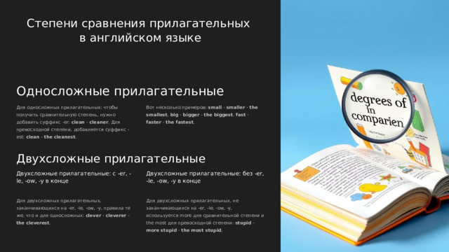 Степени сравнения прилагательных в английском языке Односложные прилагательные Для односложных прилагательных: чтобы получить сравнительную степень, нужно добавить суффикс -er: clean - cleaner . Для превосходной степени, добавляется суффикс -est: clean - the cleanest . Вот несколько примеров: small - smaller - the smallest , big - bigger - the biggest , fast - faster - the fastest . Двухсложные прилагательные Двухсложные прилагательные: с -er, -le, -ow, -y в конце Двухсложные прилагательные: без -er, -le, -ow, -y в конце Для двухсложных прилагательных, заканчивающихся на -er, -le, -ow, -y, правила те же, что и для односложных: clever - cleverer - the cleverest . Для двухсложных прилагательных, не заканчивающихся на -er, -le, -ow, -y, используется more для сравнительной степени и the most для превосходной степени: stupid - more stupid - the most stupid .  