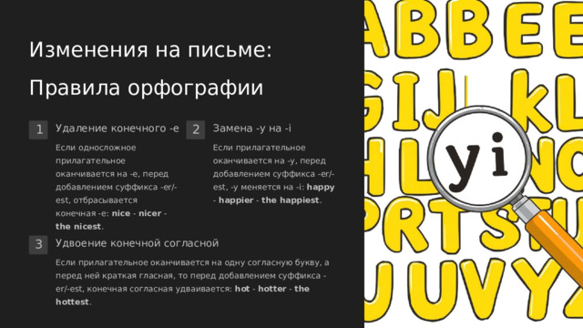 Изменения на письме: Правила орфографии Удаление конечного -e Замена -y на -i 1 2 Если односложное прилагательное оканчивается на -e, перед добавлением суффикса -er/-est, отбрасывается конечная -e: nice - nicer - the nicest . Если прилагательное оканчивается на -y, перед добавлением суффикса -er/-est, -y меняется на -i: happy - happier - the happiest . Удвоение конечной согласной 3 Если прилагательное оканчивается на одну согласную букву, а перед ней краткая гласная, то перед добавлением суффикса -er/-est, конечная согласная удваивается: hot - hotter - the hottest .  