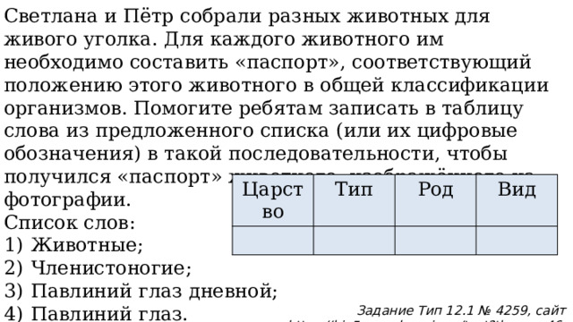 Светлана и Пётр собрали разных животных для живого уголка. Для каждого животного им необходимо составить «паспорт», соответствующий положению этого животного в общей классификации организмов. Помогите ребятам записать в таблицу слова из предложенного списка (или их цифровые обозначения) в такой последовательности, чтобы получился «паспорт» животного, изображённого на фотографии.  Список слов: 1)  Животные; 2)  Членистоногие; 3)  Павлиний глаз дневной; 4)  Павлиний глаз.  В ответ впишите только цифры.  Царство Тип Род Вид Задание Тип 12.1 № 4259, сайт https://bio5-vpr.sdamgia.ru/test?theme=46 