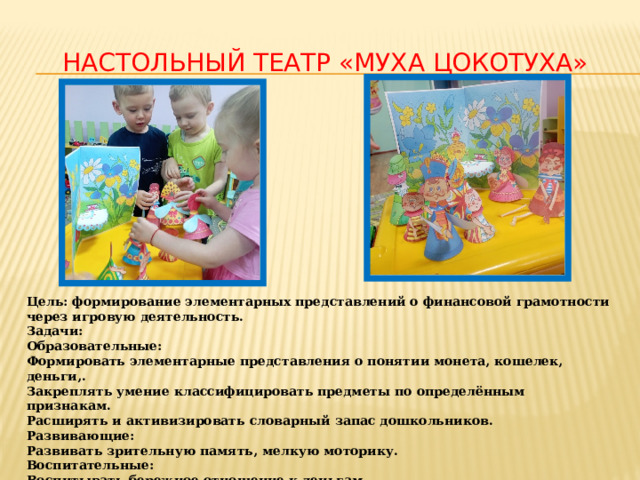 Настольный театр «Муха цокотуха» Цель: формирование элементарных представлений о финансовой грамотности через игровую деятельность. Задачи: Образовательные: Формировать элементарные представления о понятии монета, кошелек, деньги,. Закреплять умение классифицировать предметы по определённым признакам. Расширять и активизировать словарный запас дошкольников. Развивающие: Развивать зрительную память, мелкую моторику. Воспитательные: Воспитывать бережное отношение к деньгам. Привлечение внимания детей. 