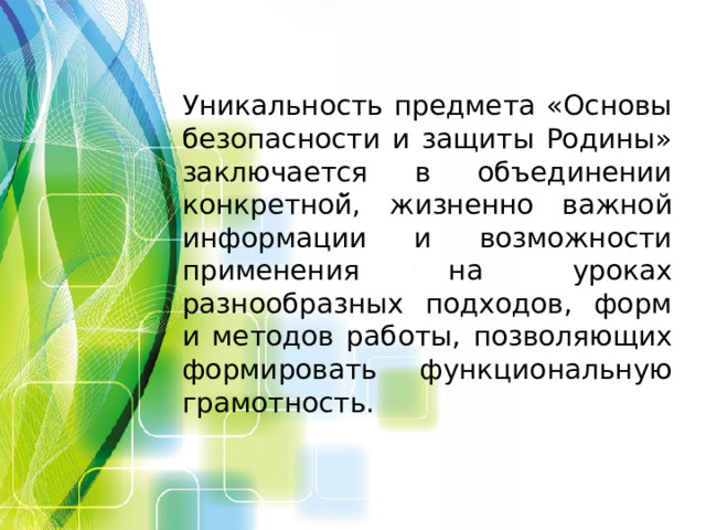 Уникальность предмета «Основы безопасности и защиты Родины» заключается в объединении конкретной̆, жизненно важной информации и возможности применения на уроках разнообразных подходов, форм и методов работы, позволяющих формировать функциональную грамотность.   