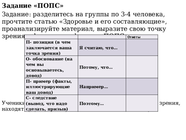 Задание «ПОПС» Задание: разделитесь на группы по 3-4 человека, прочтите статью «Здоровье и его составляющие», проанализируйте материал, выразите свою точку зрения, оформите по формуле ПОПС. Ученики, анализируя материал, выражают свою точку зрения, находят аргументы и представляют свой ответ классу.     П- позиция (в чем заключается ваша точка зрения) О- обоснование (на чем вы основываетесь, довод) Ответы  Я считаю, что… Потому, что…   П- пример (факты, иллюстрирующие ваш довод)   Например… С- следствие (вывод, что надо сделать, призыв) Поэтому…     